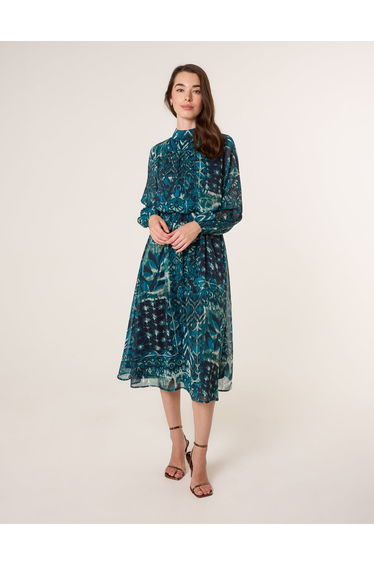 Watercolour Paisley Puffball High Neck Midi Dress