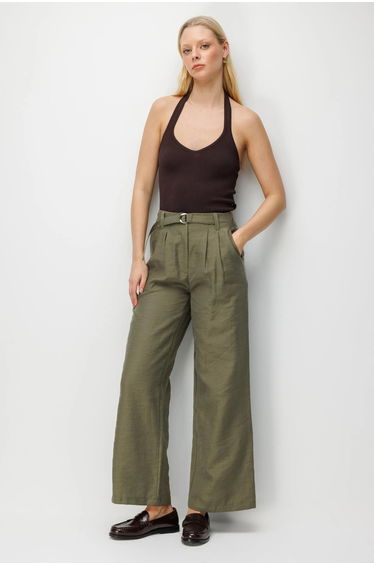 MIXRAY High Waist Textured Wide Leg Belted Pants