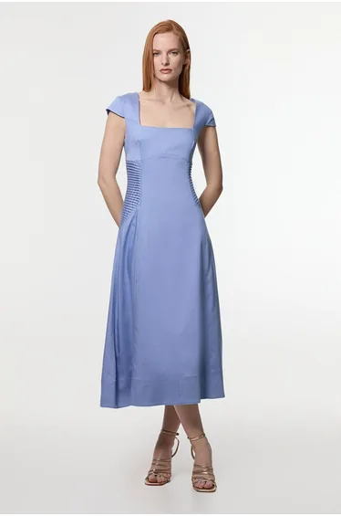Premium Linen Pintuck Detail Full Skirted Tailored Midi Dress