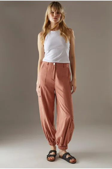 Peach Satin Utility Eyelet Detail Cuffed Trousers