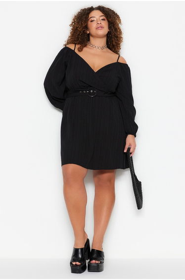 Black Plus A-Line Mini Skater Dress with Long Sleeves
