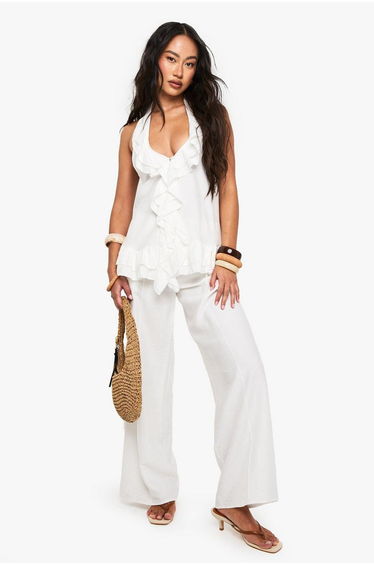 Woven Crinkle Seam Detail Wide Leg Trouser