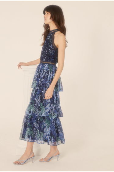 Petite Lace Halter Floral Tiered Midi Dress