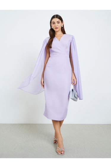 Women Lilac Cape Sleeve Sheath Midi Dress