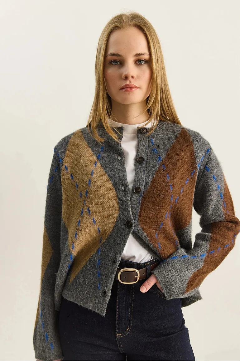 LUCCI Argyle Pattern Crew Neck Cardigan - 1