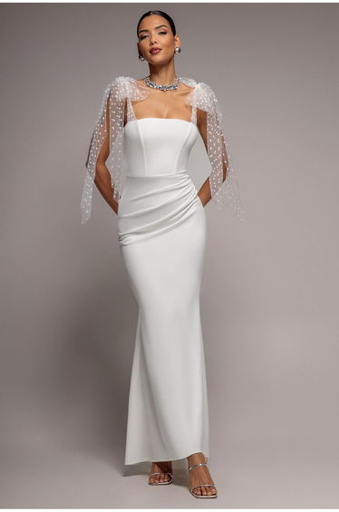 Scuba & Polka Mesh Bella Bow Multiway Maxi Dress - White by Goddiva
