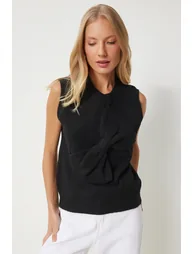 ISTANBUL Textured Ribbed Sleeveless Sweater Vest with Ribbon Detail - 2