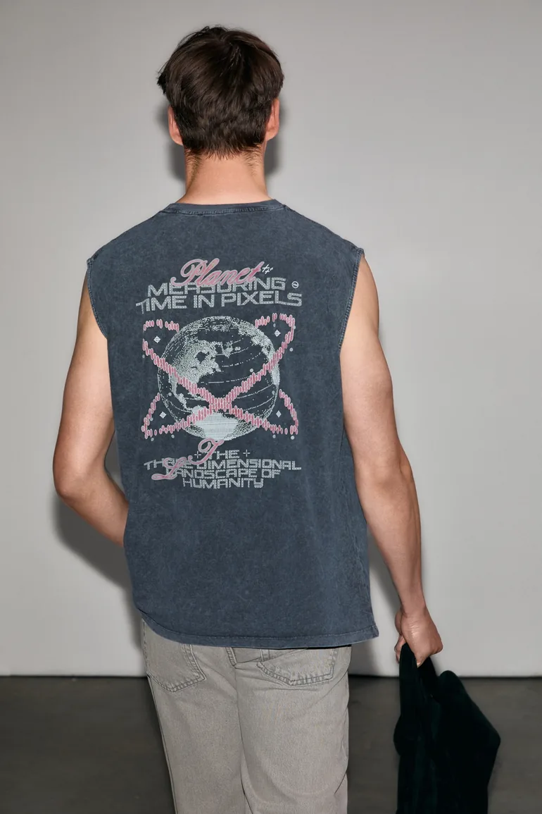 GRIMELANGE KUFSTEIN 100% Organic Cotton Round Neck Washing and Print Detailed Men's Black Tank Top - 1