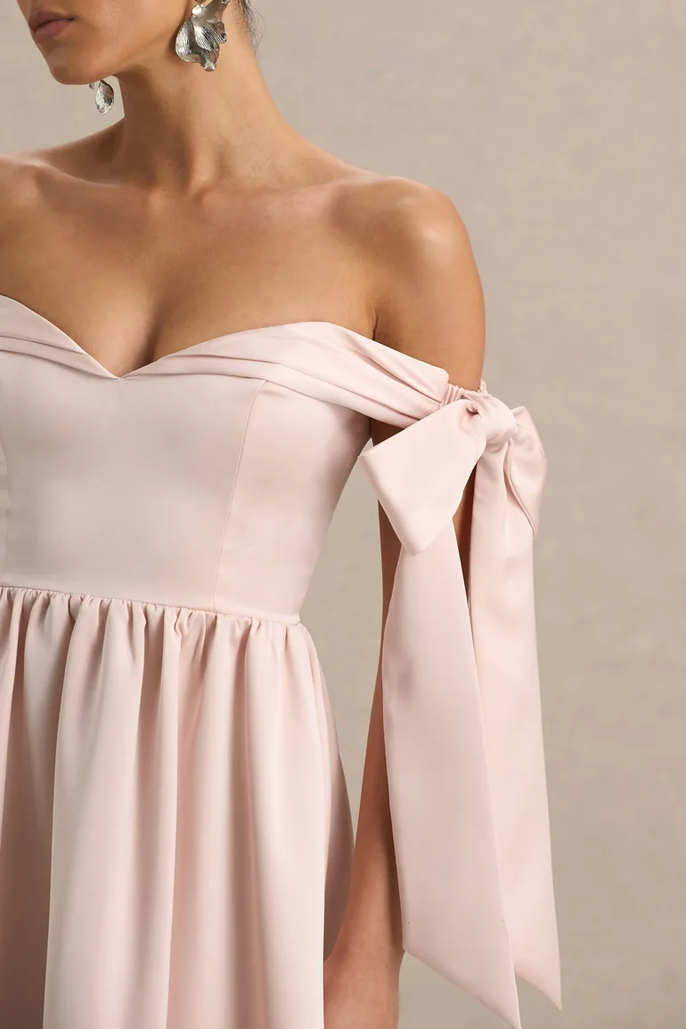 فستان ميدي ساتان بتصميم لف بفيونكة بأكمام قصيرة بأكتاف مكشوفة - زهري - 5