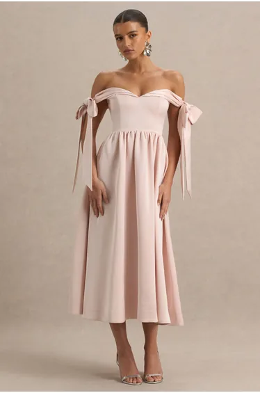 فستان ميدي ساتان بتصميم لف بفيونكة بأكمام قصيرة بأكتاف مكشوفة - زهري