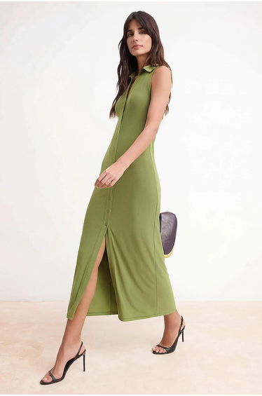 Green Bodycon Shirt Collar Sleeveless Stretchy Knitted Dress