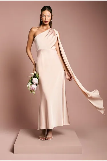 Satin One Shoulder Dress with Chiffon Drape