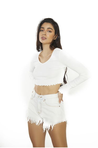 V-neck Rib Cropped Top - Off White