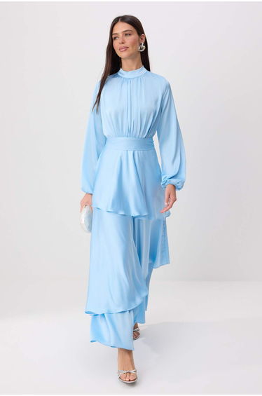 Light Blue Waist Draped Detail Shiny Fabric Woven Hijab Evening Dress