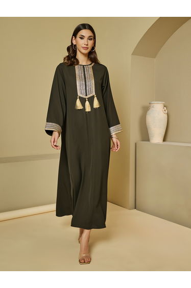 Lace Insert Round Neck Jalabiya with Tassel Detail