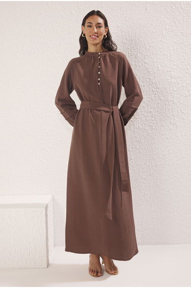 Brown Linen Blend Woven Dress