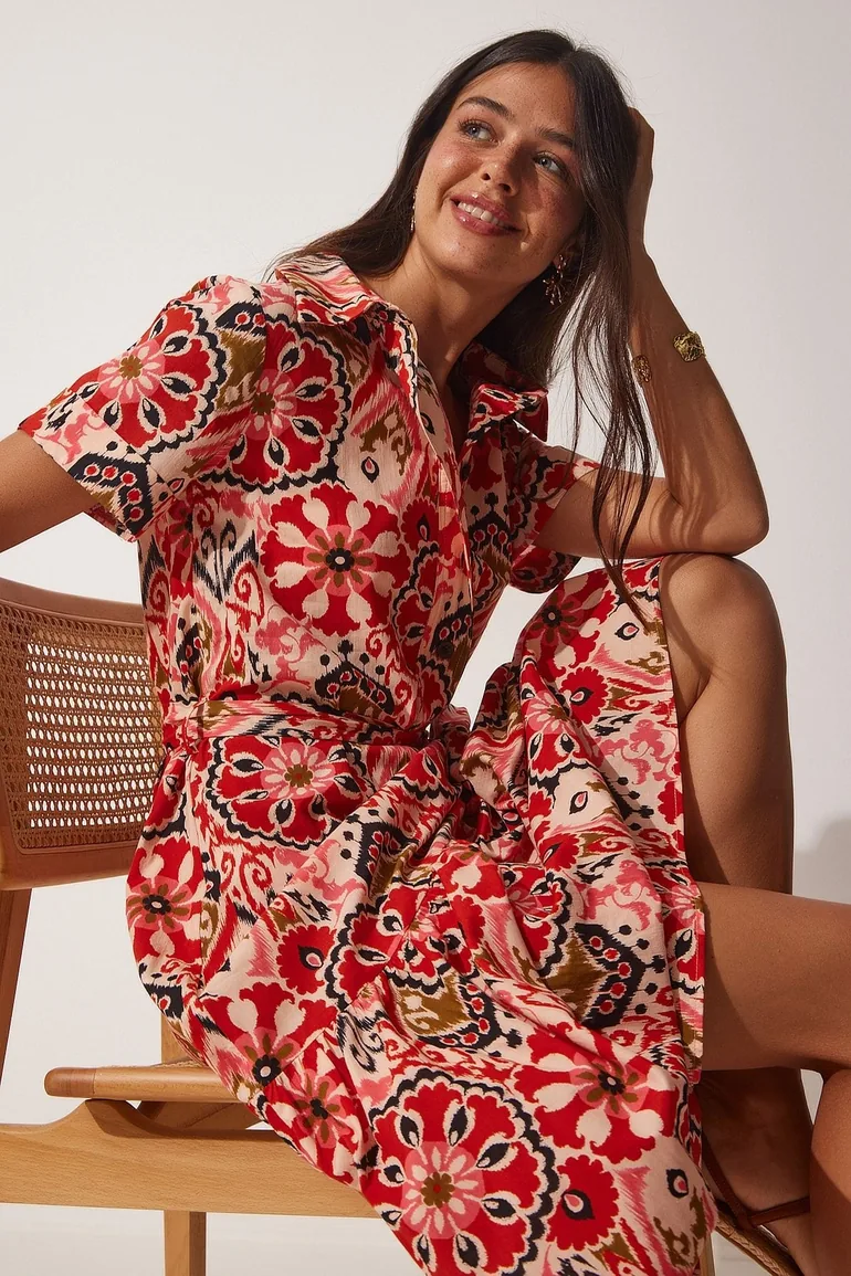 Women's Tile Beige Patterned Summer Cotton Shirt Dress