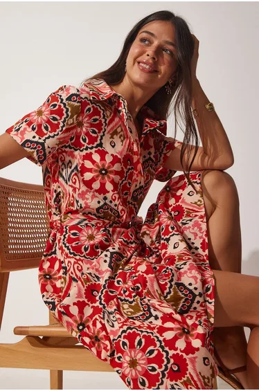 Women's Tile Beige Patterned Summer Cotton Shirt Dress