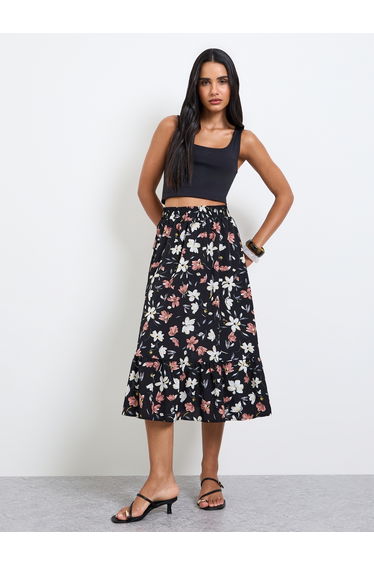 Black Floral A-Line Midi Skirt