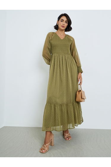 Green V Neck Dobby Maxi Dress