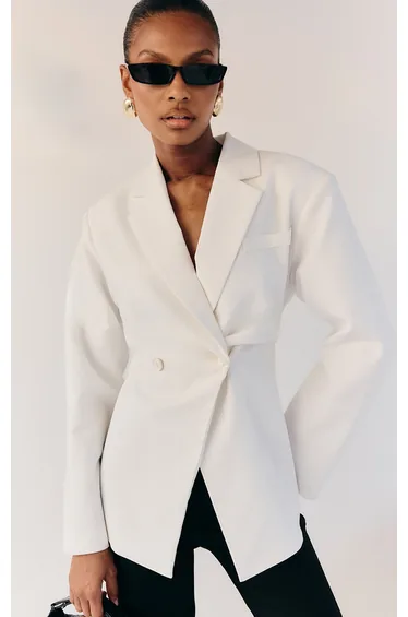 White Linen Tailored Cinched Waist Blazer