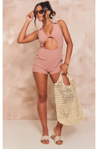 Chocolate Linen Look Twist Cut Out Collar Detail Playsuit