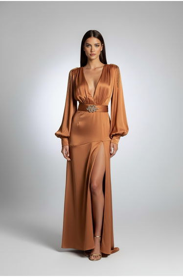 SABRINA GOLDEN CARAMEL V-Neck Slit Maxi Dress