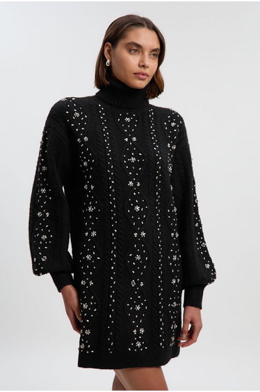 Wool Blend Embellished Cable Knit Jumper Mini Dress
