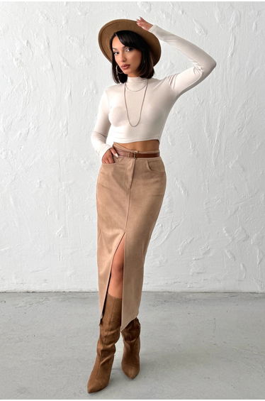 Mink Front Slit Suede Midi Pencil Skirt