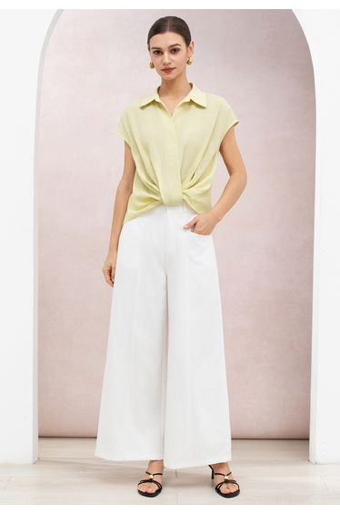 Twist Hi-Lo Hem Collared Cotton Top in Light Yellow for Office Casual & Client Meetings