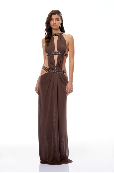 Maëlle Brown Cut-out Ruched Maxi Dress