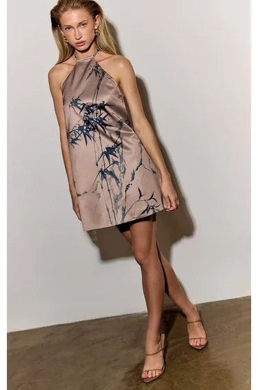 Stone Printed Satin Halterneck Strap A-line Shift Dress