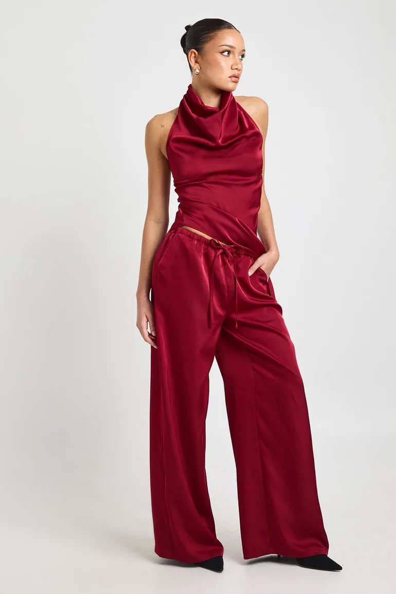 Satin Drawstring Waist Wide Leg Trousers - dark red - 1