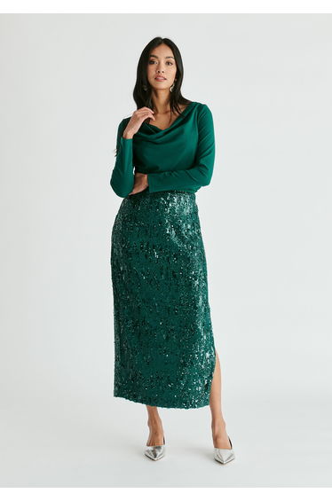 Sequin Midi Skirt with Side Slit