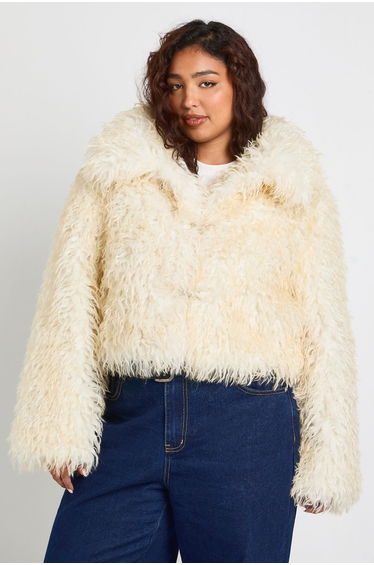 Plus Button Detail Faux Fur Jacket - cream