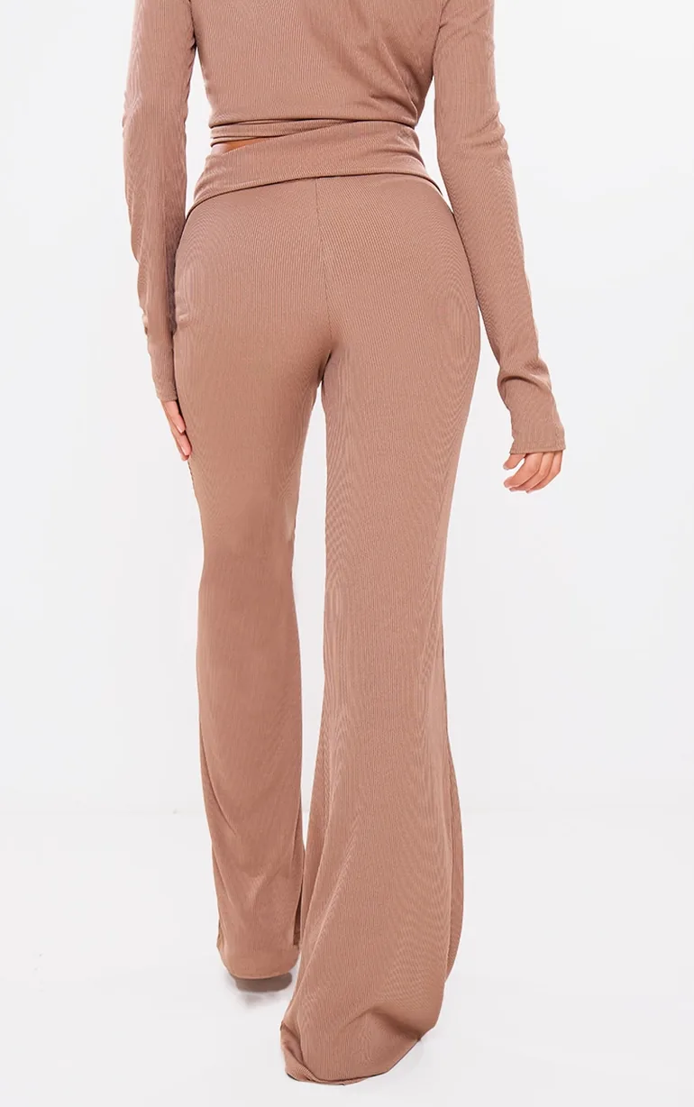Mocha Rib Foldover Low Rise Flared Trousers - 2