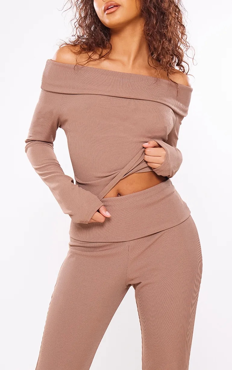 Mocha Rib Foldover Low Rise Flared Trousers - 3