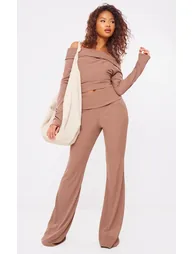 Mocha Rib Foldover Low Rise Flared Trousers