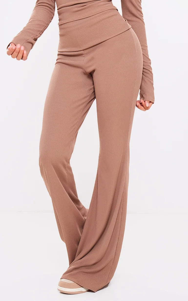 Mocha Rib Foldover Low Rise Flared Trousers - 1