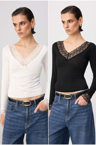 Black-Ecru Fitted/V-Neck Lace Detailed Soft Knitted Blouse