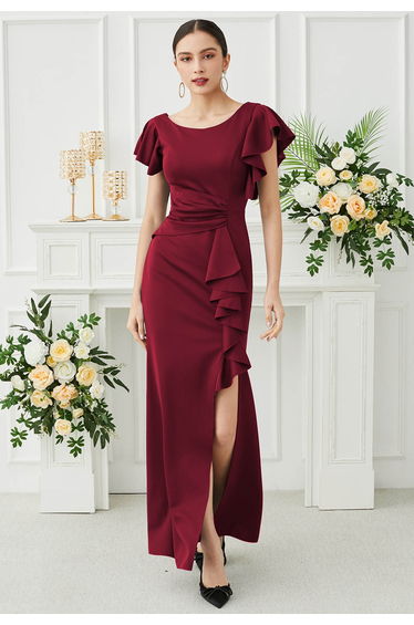 Cascade Ruffle Split Front Sleek Gown in Burgundy