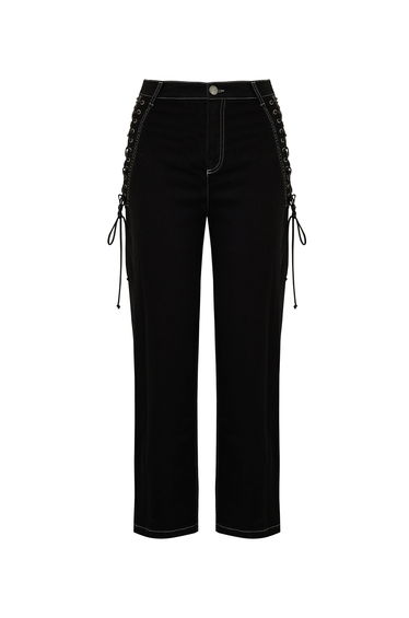 Drawstring Detail High-Waisted Black Jeans