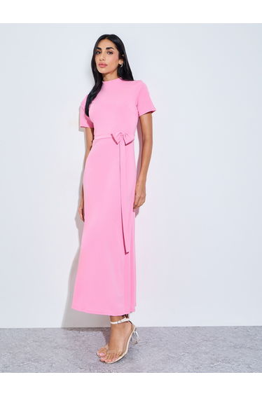 Pink Mock Neck A-Line Maxi Dress with Tie-Waist