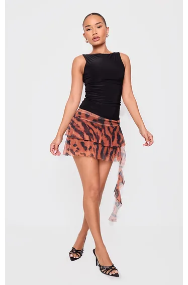 Petite Brown Animal Printed Mesh Frill Detail Mini Skirt