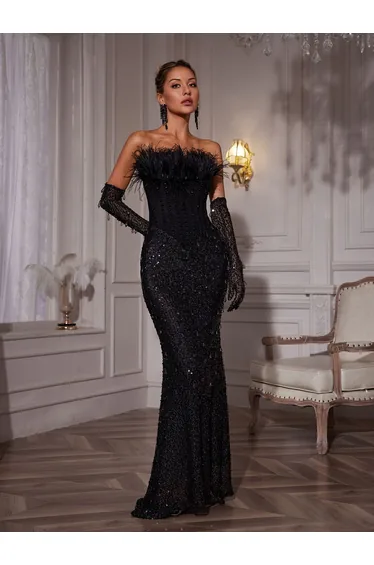 Inaki Corset Feather Sequin Maxi Dress With Gloves