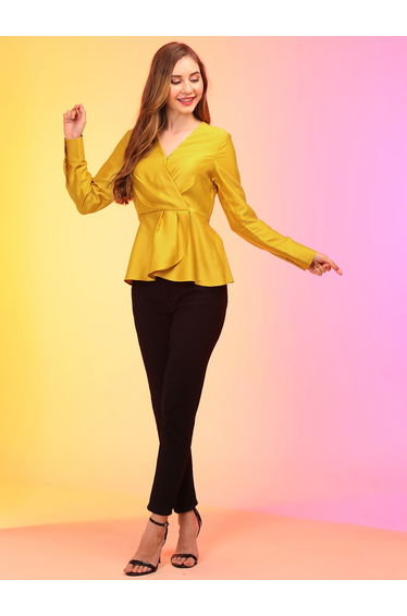Solid V-Neck Long Sleeves Pleated Wrap Top