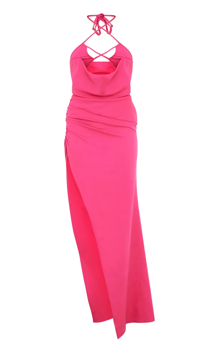 Hot Pink Woven Extreme Cowl Neck Cross Front Maxi Dress - 4