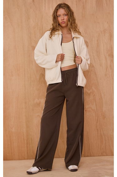 Cream Contrast Binding Zip Up Fleece