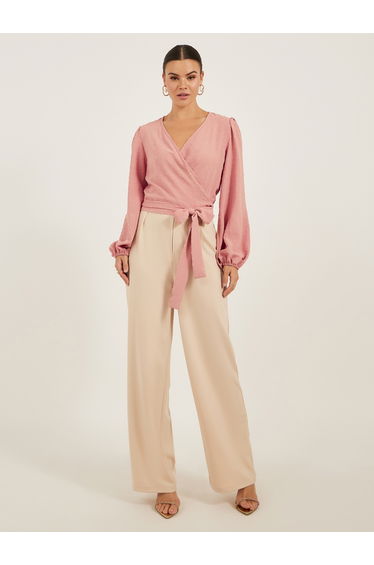 Dobby Balloon Sleeve V-Neck Tie-Up Blouse