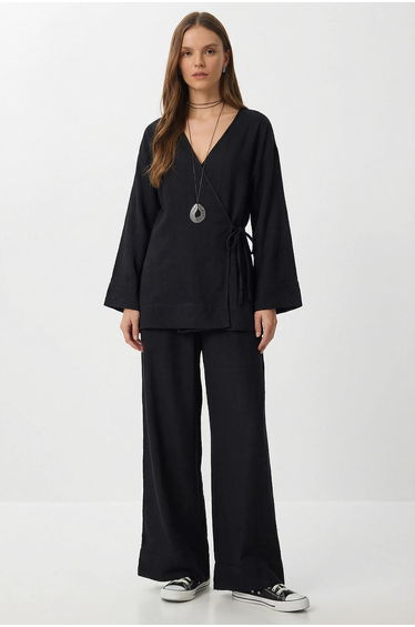 ISTANBUL High Waist Wide Leg Pants & V-Neck Tie Detail Blouse Co-ord Set